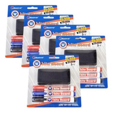 Imagem de 5 Caneta Marcador Profissional Quadro Branco 3 Cor Apagador - IDEIAPRO