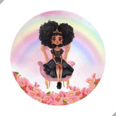 Imagem de Painel de Lona Redondo Princesa Beleza Negra Arco Íris e Flores - Fabr