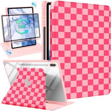 Imagem de Wazzasoft Capa para Samsung Galaxy Tab S10 Fe – Capa Tab S9 Fe/S9 com suporte para lápis, mulheres, meninas, linda, rosa, xadrez, design estético exclusivo, capa para tablet rotativa para adolescentes