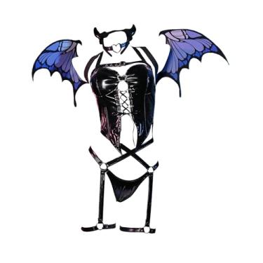 Imagem de Mobbunny Lingerie gótica de borboleta para mulheres, sexy, cosplay, Halloween, gótico, amarrado, espartilho tanga com luvas de asa, Preto, G