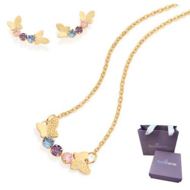 Imagem de Kit Infantil Colar E Brincos Borboletas Banhados A Ouro 18k Com Zircôn