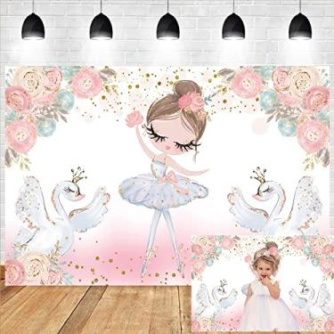 Imagem de DORCEV 2,1 x 1,5 m Bonito Balé Menina Pano de Fundo para Meninas Festa de Chá de Bebê Banner Glitter Cisne Crianças Balé Tutu Bailarina Festa de Aniversário Fotografia Suprimentos de Fundo Blush Rosa Floral Bolo Adereços de Mesa