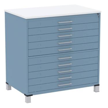 Imagem de Mapoteca 10 Gavetas Pandin 120cm (Larg) Inmetro Tampo MDP Branco Estrutura e Gaveta em Aço Azul Dali