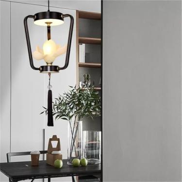 Imagem de OUFULA Luminária pendente de lótus contemporânea chinesa retrô criatividade sala de estar restaurante quarto villa hotel balcão decoração led lustre (E Black 1 light)