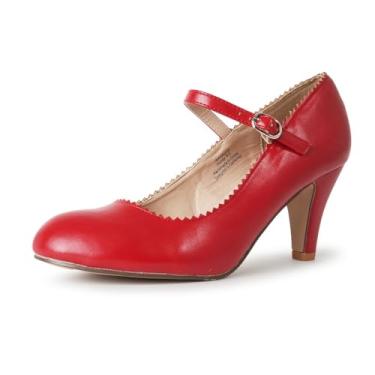 Imagem de J. Adams Sapatos femininos Honey Heels – Sapato feminino estilo Mary Jane com bico redondo e borda recortada – Salto Mary Jane vintage para mulheres, Couro vegano vermelho, 7