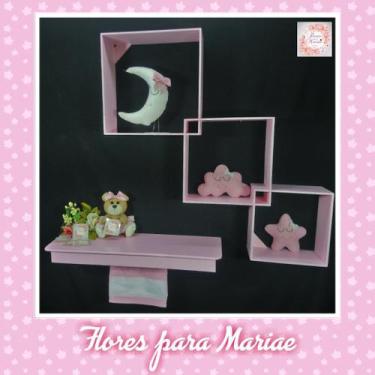 Imagem de Kit Nichos Diagonal + Prateleira com Varão MDF - Rosa BB Bebê - Flores