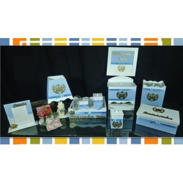 Imagem de Kit Higiene bebê Mdf 10 peças -  AZUL BB COM BOLINHAS DE COROA - Flore