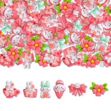 Imagem de 60 peças de pingentes de geleca de resina fofos, pingentes de geleca de coelho rosa 3D com costas planas de resina, enfeites de desenho animado para artesanato DIY e scrapbooking de ornamentos (rosa)