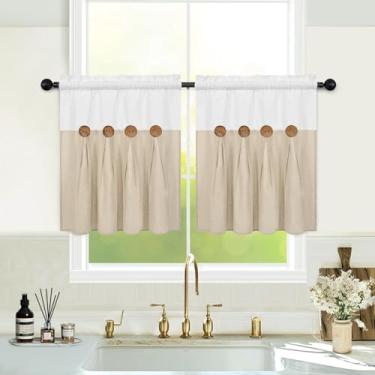 Imagem de Cortinas de cozinha Boho de 61 cm de comprimento, cortinas de linho de algodão de fazenda, cortinas curtas de botão rústico para janelas, cortinas de café country, cortinas de janela pequenas com