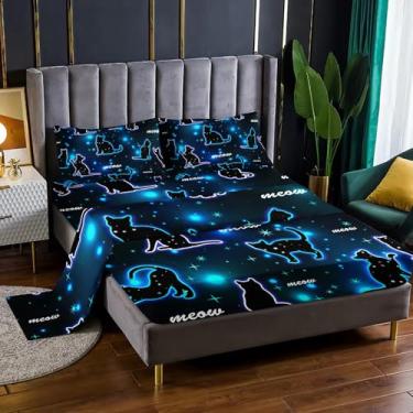 Imagem de XYNHML Jogo de cama kawaii, 4 peças, Queen, linha gradiente, gatinho fofo, para crianças, adolescentes, meninos, gatos, estampa de bolinhas, 1 lençol de cima + 1 lençol com elástico + 2 fronhas