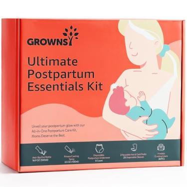 Imagem de GROWNSY Kit De Recuperação Essencial Pós-Parto Para Mulheres Após O Parto, Kit Pós-Parto Para Parto, Roupa Íntima Descartável Pós-Parto Autoabsorvente, Frasco Peri, Spray Perineal, Bolsas De Gelo Pó
