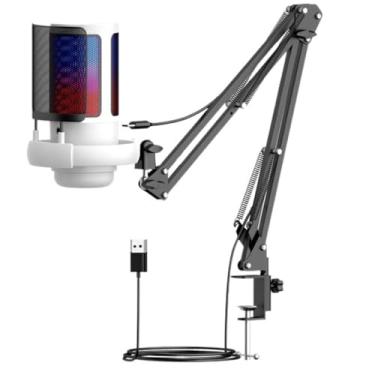 Imagem de Kit de microfone para podcast, microfone USB para PC para vídeo de podcast, transmissão ao vivo, jogos, captação de som precisa, microfone para jogos com braço de lança, com filtro pop, indicador RGB