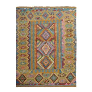 Imagem de Shahbanu Rugs Tapete reversível verde afegão Kilim colorido todo de lã tecido plano tecido à mão (2,8 m x 29,5 cm)