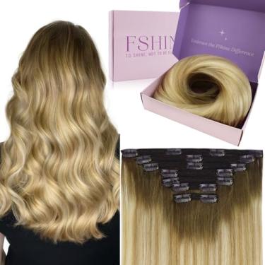 Imagem de Fshine Clipe em Extensões de Cabelo Humano Ombre 22 Polegada 7pcs 120 Gramas Chocolate Brown para Caramelo Brown e Mais Leve Clipe Loiro em Extensões de Cabelo Cabelo