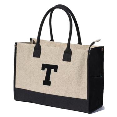Imagem de ESVAN Sacola de lona personalizada para presentes de linho, bolsas de mão com fecho de zíper inicial, bolsa utilitária retrô, T