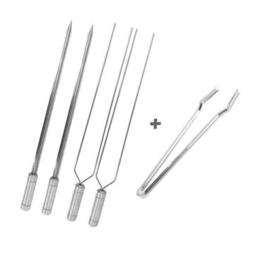 Imagem de Kit 4x Espetos Inox 50cm Espada, Duplo E Pegador De Carnes - INOX LAUR
