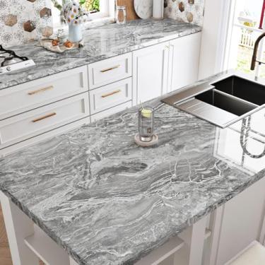 Imagem de Papel de contato de mármore brilhante/cinza prateado para bancadas à prova d'água granito mármore descascar e colar papel de contato decorativo para armários de cozinha papel de contato cinza bancada