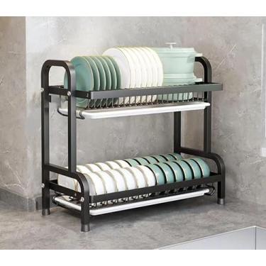 Imagem de Escorredor de Louças Preto Aço Inoxidável Rack Duplo Organizador de Canecas Copos e Pratos Com Bandeja Escoamento de Água Removível