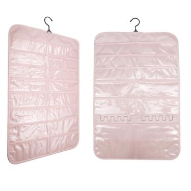 Imagem de KANCNT Organizador de joias para pendurar, design de suporte de armazenamento de dois lados com 5 tipos de bolsos e ganchos para anéis, brincos, pulseira, colares, óculos, relógios no armário, parede,