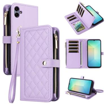 Imagem de Dswteny Capa carteira para Samsung Galaxy A06 5G com alça de pulso cordão flip zíper suporte suporte macio acessórios padrão Argyle capa de celular para Ao6 A 06 4G LTE mulheres meninas roxo