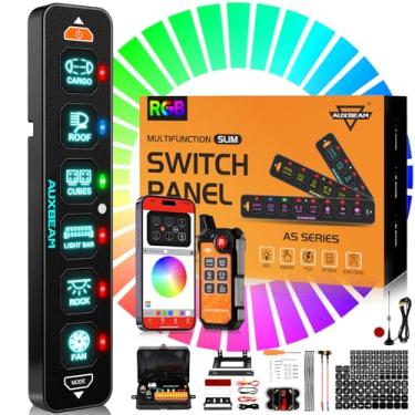 Imagem de Auxbeam Painel de interruptor fino de 6 grupos Bluetooth RGB AS-600 com aplicativo e controle remoto, interruptor pulsado momentâneo, luz de fundo desligada, para caminhão, off-road, UTV, quadriciclo,