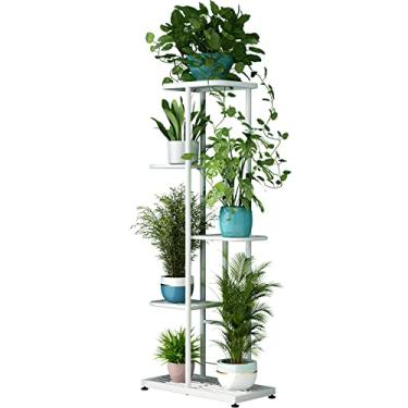 Imagem de LINZINAR Suporte de plantas de metal com 5 níveis 6 vasos de flores para ambientes internos e externos, prateleira para exibição de plantas, pátio, jardim, varanda, sala de estar (5 camadas 6 em vaso, branco) (5 camadas - 6 em vaso, branco)