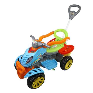 Imagem de Quadriciclo Infantil com Empurrador, Pedal e Proteção, Design Esportivo, Azul e Colorido
