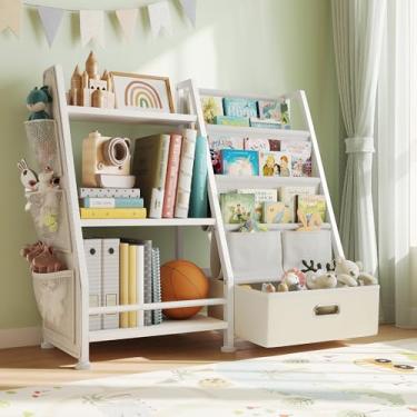 Imagem de Estante infantil e armazenamento de brinquedos: estante branca para quarto infantil com gaveta para armazenamento de livros e organizador de brinquedos - 3 estantes infantis com 3 bolsos laterais para