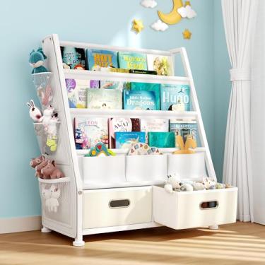 Imagem de Estante infantil e armazenamento de brinquedos: estante para quarto infantil com duas gavetas para armazenamento de livros e organizador de brinquedos - Prateleiras de livros com 3 bolsos laterais