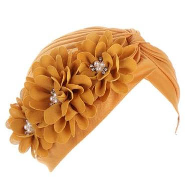 Imagem de YYAOJHAO Toucas femininas de turbante de flores – Toucas pré-amarradas com babados para quimioterapia hijab para perda de cabelo de pacientes com câncer, Amarelo, tamanho �nico
