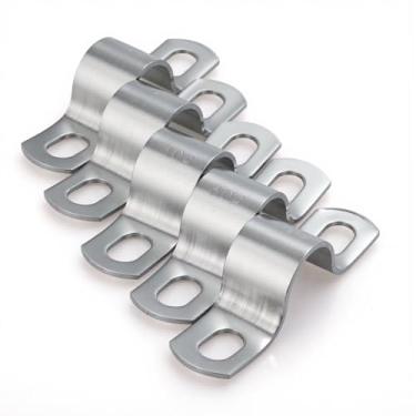 Imagem de 10 peças de 3,5 cm (1-1/40.6 cm), grampos de tubulação engrossados de aço inoxidável 304, clipes de conduíte de suporte em U de dois furos resistentes para HVAC, elétrico, encanamento, protege tubo