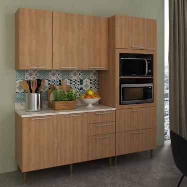 Imagem de Cozinha Compacta 200cm 3 Peças, 6 Portas e 5 Gavetas Freijó