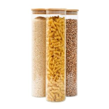 Imagem de Kit com 3 Pote Vidro Quadrado Para Condimentos Macarrão Tampa Bambu 1L(Transparente)