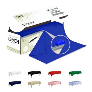 Imagem de LEMON + Co. Rolo de toalha de mesa de plástico premium azul - 137 cm x 100 pés para festas com caixa cortadora - toalha de mesa retangular e redonda descartável de plástico