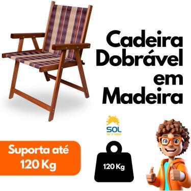 Imagem de Cadeira de Madeira Varanda Piscina Jardim Sacada Suporta 120kg Dobrável Marrom Sol Lar e Lazer