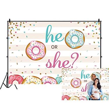 Imagem de Renaiss 1,5 x 0,9 m Donut Gênero Revelar pano de fundo ele ou ela azul ou rosa colorido Donuts granulado confete listras doces sobremesas fundo fotográfico para chá de bebê decoração de festa adereços