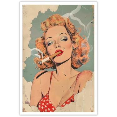 Imagem de Pôster retrô de menina fumante, biquíni sexy e madura, adequado para quarto, sala de estar, dormitório, escritório, decoração 30,5 x 40,6 cm, sem moldura