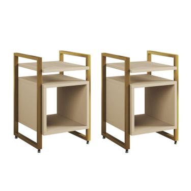 Imagem de Kit 2 Mesas de Cabeceira Industrial Marrocos Ferro Dourado e Tampo Off-white