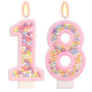 Imagem de FAMGift Velas de aniversário – Vela número 18, velas coloridas de macaron, decorações de aniversário de 18 anos, decorações de bolo, artigos de festa temática doce (rosa)