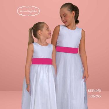 Imagem de Vestido Infantil Longo Branco com Tule e Cinto Rosa Chiclete Daminha C