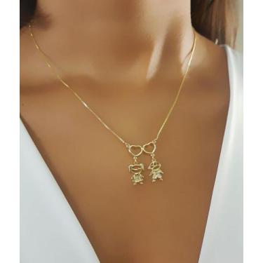 Imagem de Colar 2 Filhos Com Coração Vazado Banhado a Ouro - 1 Menina e 1 Menino