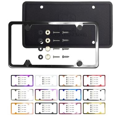 Imagem de Protetor traseiro de silicone quatro furos moldura fina para placa de licença preto cromado arma metal cinza galvanoplastia universal encaixe alumínio parafuso na tampa tampa, aço inoxidável T304, à prova de ferrugem (quantidade: 1 moldura)