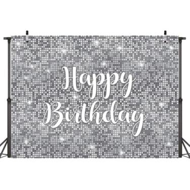 Imagem de LTDKAEN Pano de fundo de aniversário quadrado com flash de prata, brilhante, prata, feliz aniversário, doce, 16, 18, 21, 30, fotografia, estúdio, adereços, suprimentos banner 2,1 x 1,5 m