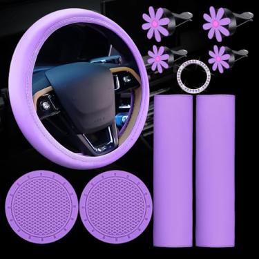 Imagem de 10 peças de capa de volante de couro para mulheres lindo conjunto de acessórios de carro com cinto de segurança almofadas de ombro capas de cinto de segurança suportes de copo anel de botão de partida adesivo clipe de saída de ar acessórios de carro (roxo)