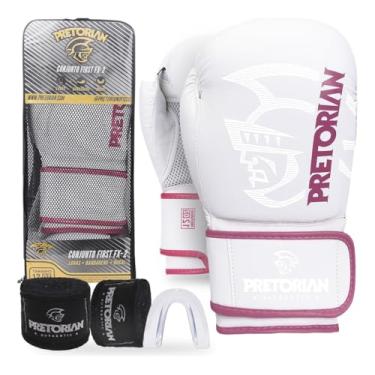 Imagem de Kit Luva de Boxe e Muay Thai FX2 Pretorian + Protetor Bucal + Bandagem 2,8M (Branco/Rosa, 14OZ)