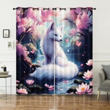 Imagem de AILONEN Cortinas de janela de raposa, cortina de janela de flor de cerejeira rosa para crianças, meninas, adolescentes e adultos, cortinas de tratamento de janela de raposa branca selvagem floral para