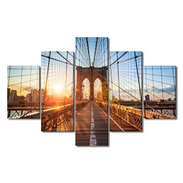 Imagem de 5 peças de arte de parede moderna de paisagem dos EUA para decoração de casa, ponte do Brooklyn, paisagem moderna da cidade de Nova York ao pôr do sol, pintura em tela, madeira esticada emoldurada