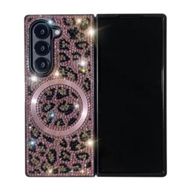 Imagem de Capa para Galaxy Z Fold6 com glitter brilhante, estampa de leopardo, corrente magnética, pulseira, cachecol de seda perolada (para Galaxy Z Fold6/rosa)
