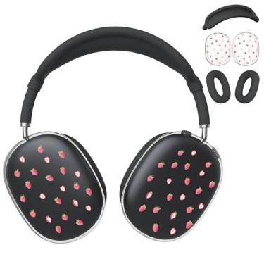Imagem de BlHMCASE Capa de fone de ouvido para AirPods Max, lindas capas transparentes de morango, capa de silicone preta para fones de ouvido para Apple AirPods Max