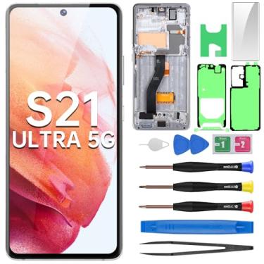Imagem de BESJMYT Tela de substituição AMOLED para Samsung Galaxy S21 Ultra 5G OLED Display Touch digitalizador conjunto completo com moldura prata Phantom e botão lateral kit de ferramentas de reparo de vidro